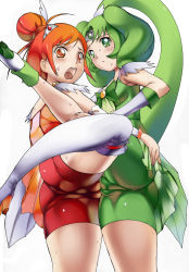 Rule 34 | 10s, 2girls, aabitan, ass, bad id, bad pixiv id, bike shorts, blush, cameltoe, cleft of venus, cure march, cure sunny, elbow gloves, artistic error, gloves, green eyes, green hair, green shorts, green skirt, highres, hino akane (smile precure!), long hair, midorikawa nao, multiple girls, open mouth, orange eyes, precure, red eyes, red hair, red shorts, shorts, shorts under skirt, skirt, smile precure!, sweat, thighhighs, through clothes, tribadism, upskirt, white background, yuri