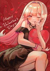 Rule 34 | 1girl, ;), absurdres, adapted costume, alternate costume, bare shoulders, black dress, blonde hair, blush, bracelet, commentary request, commission, dress, earrings, fingers to mouth, fox shadow puppet, gradient hair, happy valentine, heart, highres, jewelry, long hair, looking at viewer, makurano neena, multicolored hair, nail polish, one eye closed, pink eyes, pink hair, pink nails, production kawaii, signature, skeb commission, smile, solo, tassel, tassel earrings, valentine, virtual youtuber, yukinuno
