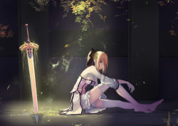 Rule 34 | 1girl, ahoge, artoria pendragon (all), artoria pendragon (fate), aura, backlighting, bare shoulders, black ribbon, blonde hair, breasts, caliburn (fate), cleavage, excalibur (fate/stay night), fate/grand order, fate (series), from side, glowing, grass, green eyes, hair ribbon, highres, hoshino arika, knee up, light, light particles, long legs, looking at viewer, medium breasts, on ground, overgrown, parted lips, plant, ribbon, saber lily, see-through, short hair, short ponytail, solo, stuck, sword, thighhighs, thighs, vines, weapon, white thighhighs