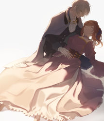 Rule 34 | 1boy, 1girl, black jacket, bow, brown hair, cape, closed eyes, closed mouth, dress, earrings, formal, glasses, gloves, grey cape, hair bow, highres, holding person, jacket, jewelry, koeda (k83 4), long sleeves, lying, on back, open mouth, pink dress, ponytail, rosa (tears of themis), simple background, tears of themis, teeth, vyn richter (tears of themis), white background, white gloves, white hair, yellow eyes