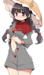 Rule 34 | 1girl, :o, absurdres, ajirogasa, black hair, braid, breasts, brown headwear, buttons, capelet, clothes writing, cowboy shot, dress, frilled hat, frills, grey dress, hat, highres, jizou, long hair, medium breasts, midriff, mukuroi, navel, partially unbuttoned, red capelet, red eyes, ribbon, simple background, single strap, stomach, touhou, twin braids, unbuttoned, white background, yatadera narumi