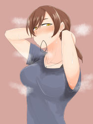 Rule 34 | 1girl, absurdres, ara-shina, armpits, arms behind back, arms up, blue shirt, blush, breasts, brown hair, collarbone, hair between eyes, hair tie, hair tie in mouth, highres, jewelry, looking at viewer, looking to the side, medium breasts, medium hair, mole, mole under eye, mouth hold, necklace, original, pink background, ponytail, shirt, simple background, solo, steam, steaming body, sweat, sweaty clothes, t-shirt, tying hair, upper body, yellow eyes