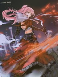 Rule 34 | 1girl, absurdres, afterimage, alternate hairstyle, armor, blood, blood on face, elden ring, fire, gauntlets, highres, hololive, hololive english, looking at viewer, midriff, mori calliope, pink hair, ponytail, red eyes, scar, set7, skirt, smoke, sword, virtual youtuber, weapon