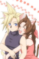 Rule 34 | 1boy, 1girl, aerith gainsborough, animal ears, blonde hair, blue eyes, blush, brown hair, cat day, cat ears, child, cloud strife, final fantasy, final fantasy vii, hug, hug from behind, open mouth, paw print, smile, spiked hair, aged down