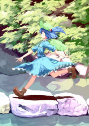 Rule 34 | 1girl, b-ginga, blue hair, female focus, hair bobbles, hair ornament, hat, kawashiro nitori, pond, profile, rock, running, short hair, sleeves rolled up, solo, touhou, twintails, two side up