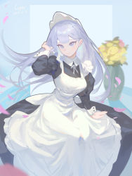 Rule 34 | 1girl, absurdres, apron, black dress, blue background, bow, closed mouth, collared dress, commentary request, coper maileyun, dated, dress, eyebrows hidden by hair, floating hair, flower, grey eyes, grey hair, hand up, highres, juliet sleeves, long hair, long sleeves, looking at viewer, maid, original, petals, puffy sleeves, rose, signature, smile, solo, vase, very long hair, white apron, white bow, yellow flower, yellow rose