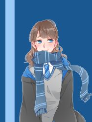 Rule 34 | 1girl, absurdres, black cloak, blue background, blue eyes, blue necktie, blue scarf, blush, brown hair, cloak, closed mouth, collared shirt, commentary request, diagonal-striped clothes, diagonal-striped necktie, grey sweater, harry potter (series), highres, kashikaze, long hair, love live!, love live! sunshine!!, necktie, open cloak, open clothes, outline, real life, saitou shuka, scarf, shirt, solo, striped clothes, sweater, two-tone background, voice actor, voice actor connection, white outline, white shirt, wizarding world