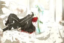 Rule 34 | 1boy, 1girl, aura, black robe, blood, blood on clothes, blood on ground, blue hair, cassock, commentary request, defeat, full body, glowing, habit, height difference, index (john&#039;s pen mode) (toaru), index (toaru majutsu no index), injury, kimura shiki, light blue hair, long hair, looking at another, lying, magic, medium hair, nun, on back, priest, red hair, robe, rubble, ruins, standing, stiyl magnus, toaru majutsu no index, toaru majutsu no index: old testament, white headwear, white robe