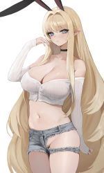 Rule 34 | 1girl, absurdres, animal ears, arm at side, bare shoulders, black choker, blonde hair, blush, breasts, choker, cleavage, closed mouth, commission, cowboy shot, cropped shirt, cutoffs, denim, denim shorts, fake animal ears, gompang 11, grey eyes, groin, hand up, highres, legs together, long hair, long sleeves, looking at viewer, midriff, mole, mole under eye, navel, no panties, off-shoulder shirt, off shoulder, original, pointy ears, rabbit ears, shirt, short shorts, shorts, sidelocks, simple background, skindentation, sleeves past wrists, solo, stomach, thighs, torn clothes, torn shorts, very long hair, white background