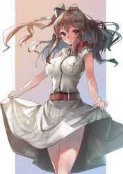 Rule 34 | 1girl, anchor, belt, blue eyes, breast pocket, breasts, brown hair, clothes lift, cowboy shot, dress, dress lift, hair between eyes, highres, kantai collection, large breasts, lifted by self, looking at viewer, neckerchief, pocket, ponytail, red neckerchief, saratoga (kancolle), side ponytail, sidelocks, smokestack, solo, white dress, yaminabe (yam1 nabe)
