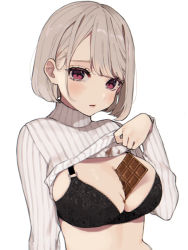 Rule 34 | 1girl, black bra, blush, bra, breasts, clothes lift, commentary request, deha rou, food between breasts, highres, lifted by self, long sleeves, looking at viewer, medium breasts, original, parted lips, red eyes, ribbed sweater, short hair, silver hair, simple background, solo, sweater, sweater lift, underwear, upper body, valentine, white background, white sweater