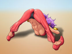 Rule 34 | 1girl, abs, arm rest, ass, bare arms, bare shoulders, breasts, cameltoe, facing away, flexible, from behind, full body, high ponytail, jack-o&#039; challenge, lyoung0j, making-of available, meme, navel, pointy ears, purple hair, see-through, see-through pants, shantae, shantae (series), shoes, solo, spread legs, stomach, stretching, tan, toned, top-down bottom-up, underboob, wide spread legs