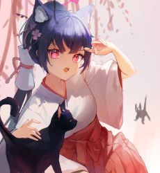 Rule 34 | 1girl, animal ears, bad id, bad twitter id, black cat, blue archive, cat, cat ears, cat tail, flower, hair flower, hair ornament, hand up, happyongdal, highres, japanese clothes, long hair, miko, official alternate costume, open mouth, ponytail, red eyes, serika (blue archive), serika (new year) (blue archive), short sleeves, tail, wide sleeves