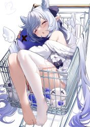 Rule 34 | 1girl, absurdres, angel wings, barefoot, blush, closed eyes, demon wings, drooling, feet, grey hair, hair ribbon, highres, horns, hug, in shopping cart, long hair, multicolored hair, nahaki11, no shoes, hugging object, off shoulder, original, pointy ears, purple hair, ribbon, see-through, see-through legwear, shadow, shopping cart, single thighhigh, sleeping, solo, stuffed toy, thighhighs, thighs, toes, twintails, two-tone hair, very long hair, white thighhighs, wings