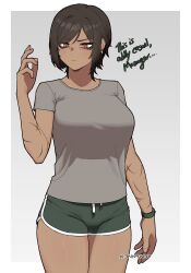 1girl breasts brown_eyes brown_hair cowboy_shot dark-skinned_female dark_skin dolphin_shorts gojou&#039;s_imaginary_technique green_shorts grey_shirt highres jujutsu_kaisen k3nnyn3v large_breasts limbus_company outis_(project_moon) project_moon scar scar_on_arm shirt short_hair short_sleeves shorts solo wristband