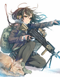Rule 34 | 1girl, american flag, bag, bipod, black hair, black pantyhose, breath, brown eyes, camouflage, coyote, daito, glasses, gloves, gun, headphones, headset, highres, jacket, light machine gun, long hair, m249, machine gun, on one knee, original, pantyhose, pointing, scope, skirt, snow, solo, squad automatic weapon, squatting, stand, weapon