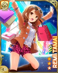 Rule 34 | 1girl, arms up, bare legs, boots, bow, brown eyes, brown footwear, brown hair, brown jacket, card (medium), evening, girlfriend (kari), jacket, looking at viewer, night, official art, open mouth, outdoors, pink shorts, qp:flapper, shirt, shorts, smile, solo, standing, store, sweater, tagme, tamai remi, white sweater