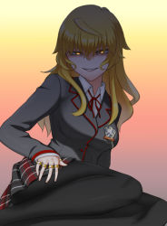 Rule 34 | 1girl, ahoge, ass, bad id, bad twitter id, black pantyhose, black thighhighs, blonde hair, blush, breasts, collared shirt, colored eyelashes, evil smile, formal, gharne5, glowing, glowing eyes, gradient background, hair between eyes, isabeau de baviere (madoka magica), jewelry, jitome, large breasts, lips, long hair, long sleeves, magia record: mahou shoujo madoka magica gaiden, mahou shoujo madoka magica, mahou shoujo tart magica, mature female, naughty face, necktie, office lady, official alternate costume, pantyhose, plaid, plaid skirt, pleated skirt, red ribbon, ribbon, ring, shaded face, shirt, sidelocks, skirt, smile, solo, suit, thick thighs, thighhighs, thighs, yellow eyes
