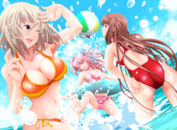 Rule 34 | 3girls, adjusting clothes, adjusting swimsuit, ass, ball, bare arms, beachball, bikini, blonde hair, breasts, brown hair, cleavage, closed eyes, competition swimsuit, day, highres, large breasts, long hair, looking back, multiple girls, navel, ocean, one-piece swimsuit, one eye closed, open mouth, original, outdoors, pink hair, short hair, side-tie bikini bottom, splashing, swimsuit, tsukumo (soar99), twintails, water, wink