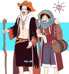 Rule 34 | 2boys, abs, bag, belt, black coat, black hair, black shorts, blue shorts, bracelet, cane, coat, commentary request, cropped legs, hat, holding, holding cane, jewelry, log pose, long sleeves, looking ahead, male focus, monkey d. luffy, multiple boys, one piece, orange belt, orange hat, portgas d. ace, red coat, red shorts, shorts, shoulder bag, straw hat, sun, sweatdrop, tongue, tongue out, yu si02