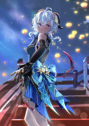 Rule 34 | 1girl, absurdres, bare shoulders, bell, blue hair, blush, breasts, china dress, chinese clothes, dress, ganyu (genshin impact), ganyu (twilight blossom) (genshin impact), genshin impact, highres, horns, long hair, looking at viewer, mochi upamo, neck bell, official alternate costume, official alternate hairstyle, purple eyes, solo, thighs