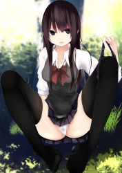 Rule 34 | 1girl, against tree, ass, black hair, blurry, blurry background, breasts, cameltoe, clothes pull, depth of field, fiesuke, grass, hair between eyes, highres, leaning back, long hair, m legs, medium breasts, mole, mole under mouth, open mouth, original, panties, purple eyes, school uniform, skirt, skirt pull, solo, spread legs, sunlight, sweat, teeth, thighhighs, thighs, tree, underwear, white panties