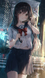 Rule 34 | 1girl, adjusting hair, blue sailor collar, blue skirt, blush, bow, bowtie, breasts, brown eyes, brown hair, building, chromatic aberration, city, commentary request, cowboy shot, crosswalk, dutch angle, hair between eyes, hand in own hair, highres, holding, holding umbrella, leaning to the side, long hair, looking at viewer, medium breasts, midriff peek, miniskirt, night, original, outdoors, parted lips, pleated skirt, rain, red bow, red bowtie, road, sailor collar, school uniform, serafuku, shirt, short sleeves, skirt, skyscraper, solo, standing, street, transparent, transparent umbrella, ttosom, umbrella, uniform, white shirt
