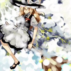Rule 34 | 1girl, black bow, black dress, black footwear, blonde hair, bow, braid, broom, broom riding, dress, female focus, hat, kirisame marisa, long hair, looking at viewer, pinafore dress, red bow, shoes, sleeveless dress, solo, touhou, witch, witch hat, yellow eyes