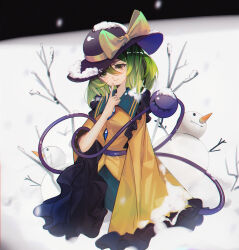 Rule 34 | 1girl, :t, absurdres, black headwear, blouse, blush, bow, chinese commentary, closed mouth, commentary request, finger to own chin, frilled shirt collar, frilled sleeves, frills, full body, green eyes, green skirt, grey hair, hair between eyes, hat, hat bow, highres, komeiji koishi, long sleeves, looking at viewer, medium hair, mei gushi de shen yue, outdoors, shirt, skirt, snow, snow on headwear, snowman, third eye, touhou, wide sleeves, yellow bow, yellow shirt