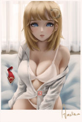 Rule 34 | 1girl, blonde hair, blue eyes, breasts, cleavage, highres, hololive, hololive english, holomyth, large breasts, looking at viewer, panties, parted lips, sitting, solo, underwear, virtual youtuber, watson amelia