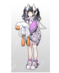Rule 34 | 1girl, :|, absurdres, ahoge, alver, bare legs, bird, black hair, blunt bangs, closed mouth, commentary request, expressionless, flower, full body, goose, gradient background, gradient hair, hair flower, hair ornament, high collar, high heel sneakers, highres, holding, holding stuffed toy, hood, hood down, hooded vest, hoodie, horns, inset border, jacket, long hair, long sleeves, looking at viewer, mole, mole under mouth, multicolored hair, original, pigeon-toed, pink eyes, pink hair, pink jacket, pink socks, pointy ears, puffy long sleeves, puffy sleeves, socks, solo, standing, stuffed animal, stuffed toy, thick eyelashes, three quarter view, twintails, vest, white background, white footwear, white horns, white vest, white wings, wings