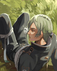 Rule 34 | 1boy, belt, black belt, black jacket, black pants, bug, butterfly, butterfly on nose, closed mouth, commentary, dated commentary, expressionless, feet out of frame, grass, green hair, hizamaru (touken ranbu), insect, jacket, long sleeves, male focus, military, military uniform, on ground, pants, shirt, short hair, signature, solo, symbol-only commentary, tassel, touken ranbu, uniform, white butterfly, white shirt, yellow eyes, zi tsas
