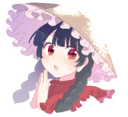 Rule 34 | 1girl, aoi (annbi), black hair, blunt bangs, braid, brown hat, capelet, chestnut mouth, frilled hat, frills, hat, long earlobes, long hair, looking at viewer, own hands together, palms together, red eyes, round teeth, simple background, snow, solo, sweat, tareme, teeth, touhou, twin braids, upper body, white background, yatadera narumi