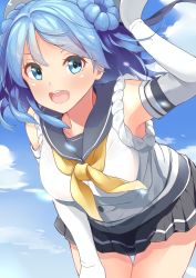 Rule 34 | 1girl, absurdres, atelier z44, beret, blue eyes, blue hair, blue sailor collar, blue sky, breasts, cloud, cloudy sky, cowboy shot, double bun, elbow gloves, gloves, grey skirt, hair bun, hat, highres, indoors, kantai collection, looking at viewer, medium breasts, neckerchief, open mouth, pleated skirt, revision, sailor collar, sailor hat, school uniform, serafuku, shirt, skirt, sky, sleeves rolled up, smile, solo, urakaze (kancolle), white gloves, white hat, white shirt, yellow neckerchief