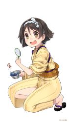 Rule 34 | 10s, 1girl, :d, alternate costume, bad id, bad pixiv id, blush, brown eyes, brown hair, fish, from side, full body, goldfish, goldfish scooping, hair ornament, hairband, highres, japanese clothes, kantai collection, kimono, kuro chairo no neko, long sleeves, looking at viewer, open mouth, paw print, poi (goldfish scoop), polka dot, polka dot ribbon, ribbon, sandals, simple background, smile, solo, spilling, squatting, tanikaze (kancolle), tasuki, twitter username, water, white background, yukata