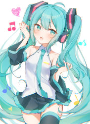 Rule 34 | 1girl, :d, absurdres, bare shoulders, beamed eighth notes, black skirt, blue eyes, blue hair, blue necktie, blush, breasts, collarbone, collared shirt, commentary request, drawing kanon, eighth note, hands up, hatsune miku, headphones, heart, highres, holding, holding own hair, long hair, musical note, necktie, open mouth, pleated skirt, quarter note, shirt, simple background, skirt, sleeveless, sleeveless shirt, small breasts, smile, solo, thighhighs, tie clip, twintails, very long hair, vocaloid, white background, white shirt