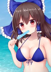 Rule 34 | 1girl, absurdres, alternate color, bare shoulders, bikini, blue bikini, blue bow, blue ribbon, blue sky, blush, bow, breasts, brown hair, cleavage, cloud, collarbone, commentary request, day, eating, food, frilled bow, frills, front-tie bikini top, front-tie top, hair bow, hakurei reimu, highres, holding, holding food, long hair, looking at viewer, medium breasts, outdoors, player 2, popsicle, red eyes, ribbon, sidelocks, sky, solo, suigetsu (watermoon-910), swimsuit, touhou, upper body