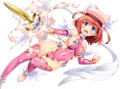 Rule 34 | 1girl, armpits, backless outfit, bare shoulders, blue eyes, blush, breasts, collarbone, covered navel, detached sleeves, gluteal fold, hat, holding, holding staff, long sleeves, looking at viewer, magical girl, medium breasts, open mouth, original, pink thighhighs, red hair, shinozuka atsuto, sideboob, skin tight, solo, staff, thighhighs, two side up