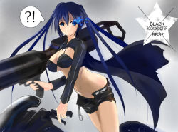 Rule 34 | !, 10s, 1girl, ?, alternate breast size, arm cannon, bad id, bad pixiv id, belt, bikini, bikini top only, black bikini, black rock shooter, black rock shooter (character), blue eyes, blue hair, breasts, cleavage, glowing, glowing eyes, h016, large breasts, long hair, matching hair/eyes, midriff, motor vehicle, motorcycle, navel, no panties, open belt, open fly, scar, short shorts, shorts, solo, swimsuit, twintails, unbuckled, unbuttoned, unzipped, vehicle, weapon