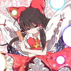 Rule 34 | 1girl, ascot, bare shoulders, between fingers, bow, breasts, brown eyes, brown hair, closed mouth, collar, collared dress, crossed arms, danmaku, detached sleeves, dress, frills, hair between eyes, hair ornament, hair tubes, hakurei reimu, hands up, highres, holding, long hair, long sleeves, medium breasts, needle, ofuda, ofuda between fingers, rankasei, red background, red bow, red dress, solo, touhou, white background, wide sleeves, yellow ascot, yin yang