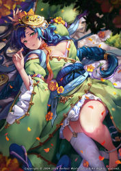 Rule 34 | 00s, 10s, 1girl, 2004, 2016, arm up, barefoot, blue hair, blush, braid, breasts, company name, copyright request, english text, fei (idws321), flower, garter straps, green eyes, hair ornament, japanese clothes, kimono, large breasts, long hair, lying, neck ribbon, nose blush, off shoulder, on back, orange ribbon, parted lips, petals, ribbon, sandals, unworn sandals, single thighhigh, solo, thighhighs, twin braids, very long hair, watermark, white thighhighs, wide sleeves