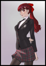 Rule 34 | akisora, arms behind back, blush, bow, commentary request, hair bow, highres, looking at viewer, looking to the side, persona, persona 5, ponytail, red eyes, red hair, school uniform, yoshizawa kasumi