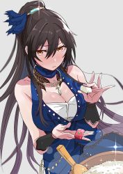 Rule 34 | 1girl, bare shoulders, black hair, blue dress, blue nails, blush, bowl, breasts, cleavage, closed mouth, commentary request, dress, food, hair between eyes, hair ornament, halter dress, halterneck, high ponytail, highres, idol, idolmaster, idolmaster shiny colors, jewelry, large breasts, long hair, nail polish, necklace, ogasawara, ponytail, rice, shirase sakuya, spoon, sweat, tuna, wrist cuffs, yellow eyes