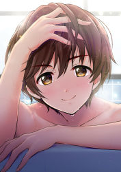 Rule 34 | 1girl, arm rest, bare shoulders, blush, brown eyes, brown hair, closed mouth, collarbone, commentary request, hair between eyes, hand on own head, hand up, head tilt, highres, idolmaster, idolmaster cinderella girls, indoors, lens flare, looking at viewer, nude, oikawa shizuku, portrait, short hair, sidelocks, smile, solo, wet, window, yuki sizuku