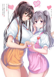 Rule 34 | 2girls, alternate costume, anna miller, apron, asymmetrical docking, bad id, bad pixiv id, black hair, blush, breast press, breasts, brown hair, commentary request, cowboy shot, dress, from side, grey hair, hair between eyes, heart, heart hands, idolmaster, idolmaster shiny colors, large breasts, long hair, looking at viewer, multiple girls, name tag, open mouth, orange dress, orange skirt, parted lips, pink dress, ponytail, ponytail korosuke, purple eyes, revision, shirase sakuya, short dress, sidelocks, simple background, skirt, standing, translation request, twintails, underbust, waist apron, waitress, white background, yellow eyes, yukoku kiriko