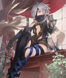 Rule 34 | 1girl, armor, asymmetrical legwear, belt, black gloves, boots, brown eyes, center opening, commentary, curtains, dagger, desk, detached sleeves, eyepatch, feet out of frame, fingerless gloves, gloves, granblue fantasy, grey hair, holding, holding dagger, holding knife, holding weapon, indoors, knife, looking at viewer, mismatched legwear, on desk, plant, puffy short sleeves, puffy sleeves, short hair, short sleeves, shoulder armor, sitting, on desk, solo, taba comya, tanya (granblue fantasy), weapon, window