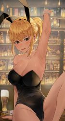 Rule 34 | 1girl, absurdres, alcohol, animal ears, arm support, armpits, bar (place), bare shoulders, beer, black leotard, blonde hair, blush, breasts, counter, embarrassed, eungi, fake animal ears, feet out of frame, hair between eyes, highres, large breasts, leg up, leotard, liquor, looking at viewer, open mouth, original, outstretched arm, playboy bunny, ponytail, rabbit ears, sidelocks, sitting, solo, strapless, strapless leotard, sweat, sweatdrop, wrist cuffs, yellow eyes