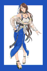 Rule 34 | 1girl, :o, armpits, beatrix (granblue fantasy), black choker, blue border, blue ribbon, blue skirt, border, bra, breasts, brown eyes, brown hair, choker, cleavage, collarbone, earrings, front slit, full body, granblue fantasy, hair ribbon, highres, jacket, jewelry, long hair, long skirt, looking at viewer, medium breasts, off shoulder, open clothes, open jacket, outside border, partially unzipped, pendant, ribbon, ring, see-through, shimatani azu, simple background, sketch, skirt, solo, sports bra, underwear, very long hair, white background, white bra, white ribbon