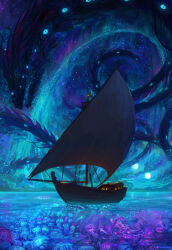 Rule 34 | absurdres, blue eyes, boat, cloud, commentary, constellation, english commentary, extra eyes, fantasy, fins, floating, full moon, gills, highres, horizon, idrawbagman, jellyfish, monster, moon, nature, night, night sky, ocean, original, outdoors, sail, sailboat, scenery, sea serpent, sky, slit pupils, star (sky), starry sky, water, watercraft