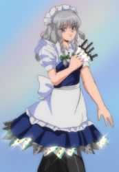Rule 34 | 1990s (style), 1girl, apron, between fingers, blue dress, blue eyes, bow, braid, breasts, buttons, collared shirt, dress, frilled apron, frilled skirt, frills, gradient background, grey hair, highres, holding, holding knife, huge bow, izayoi sakuya, knife, long hair, looking at viewer, maid, maid apron, maid day, maid headdress, medium hair, open hand, pantyhose, puffy short sleeves, puffy sleeves, rainbow gradient, retro artstyle, shirt, short sleeves, skirt, small breasts, solo, step arts, touhou, twin braids, unconnected marketeers, waist apron, white bow